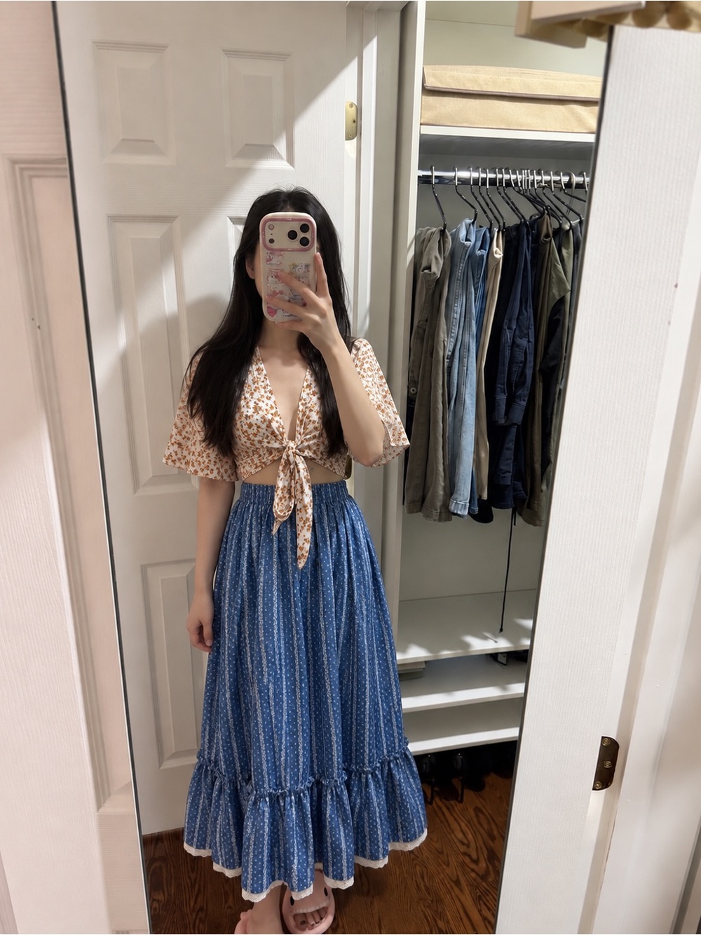 Blue Tiered Maxi Skirt with Floral Tie-Front Top - Blue